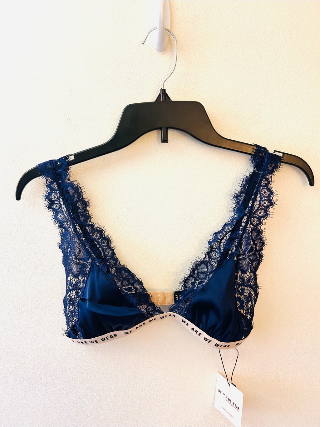 We Are We Wear Navy Satin Lace Trimmed Triangle Bralette Size Medium — image 2 of 8